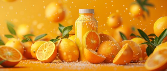 Fresh oranges and Vitamin C bottle mockup, natural bio supplement concept, rich orange background, compelling advertising layout