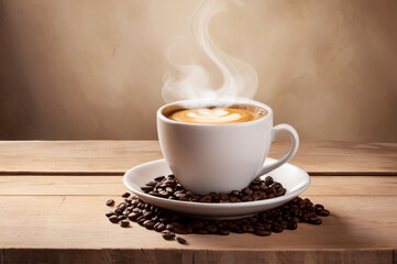 Steaming Cup of Coffee on Wooden Table and Beige Background