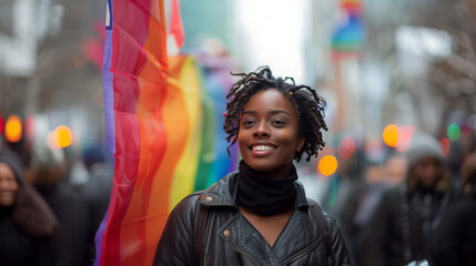 a girl in the city with LGBTQ+ flag
