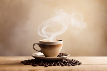 Steaming Cup of Coffee on Wooden Table and Beige Background
