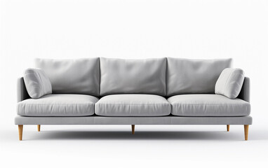 Grey sofa with pillows isolated on white. Grey velvet sofa on wooden legs on white background