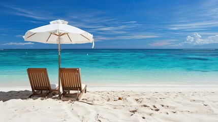Beach scene with clear blue water, white sand, two wooden lounge chairs, and a white umbrella