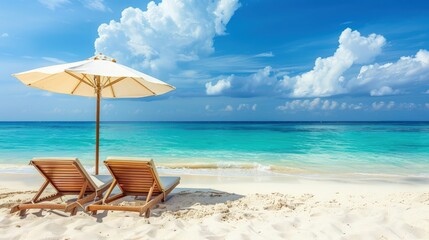 Fototapeta premium Beach scene with clear blue water, white sand, two wooden lounge chairs, and a white umbrella