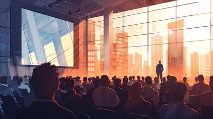 Business conference with attentive audience, speaker on stage, modern room with large windows