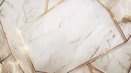 Elegant geometric frame with gold lines on a white marbled background with subtle gold accents