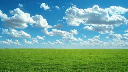 Fototapeta premium Expansive green field under a bright blue sky dotted with fluffy white clouds