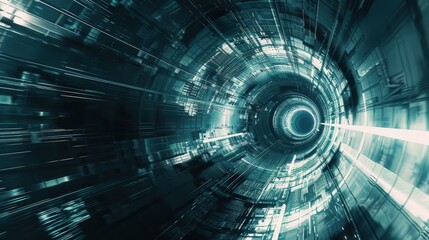 Futuristic abstract metallic tunnel with converging lines, radiating from a dark center