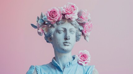 Stone statue with pink flower crown, dressed in blue shirt, against pink background