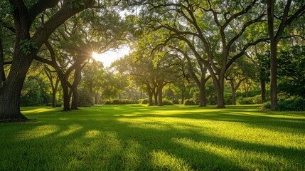 Fototapeta premium Sunlit park with sprawling oak trees and lush green lawn