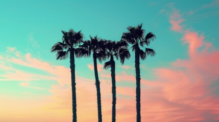 Obraz premium Tall palm trees silhouetted against a vibrant blue sky