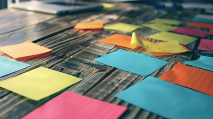 Team brainstorming session with documents and colorful sticky notes on a wooden table