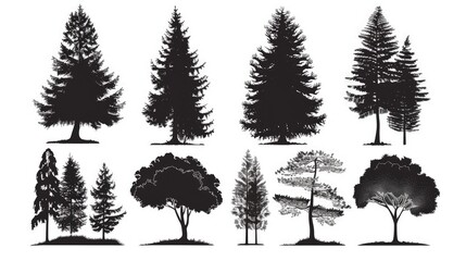 Tree Silhouettes% Various tree silhouettes, including pine trees and deciduous trees, on a white background