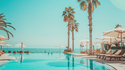 Fototapeta premium Luxury Resort Swimming Pool with Loungers and Palm Trees by the Sea