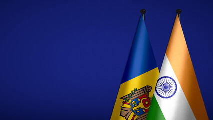 3D rendering of two flag from Republic of Moldova and Republic of India on flagpoles with Blue background for diplomatic. bilateral relations. peace and conflict between countries. Fabric