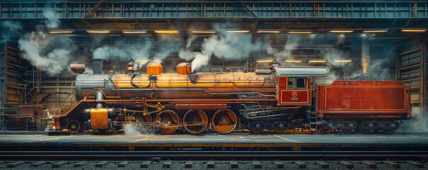 An atmospheric depiction of a vintage steam train amidst industrial steam and lighting