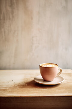 Cafe Latte Macchiato In Beige Cup with Saucer On Wooden Table Composition. Natural Light and Shadow. Minimal Coffee Shop Interior. Minimalism. Food photography. 
