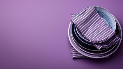 Two purple and white striped towels hanging on a purple wall.