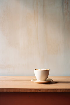 Cafe Latte Macchiato In White Cup On Wooden Table Composition. Natural Light and Shadow. Minimal Coffee Shop Interior. Minimalism. Rustic. Food photography. 