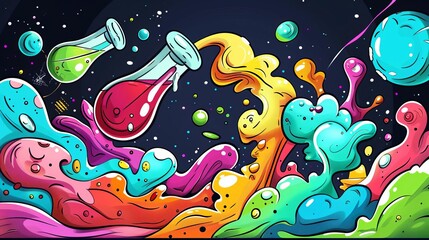 Obraz premium Craft an innovative perspective of chemical equations from a tilted angle, incorporating vibrant colors and intricate details in a digital illustration