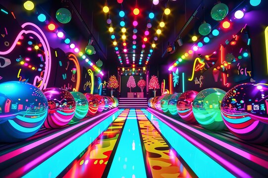 Design a groovy disco dance floor straight out of the 80s, complete with mirrored balls and colorful strobe lights, radiating a sense of retro glamour