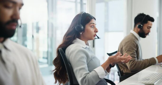 Woman, help and consultant in office for customer service or crm call center for b2b networking. Telemarketing, sales and contact us for virtual technical support, chat or advice for problem solving