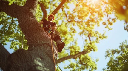 Low angle camera of professional engineer climbing a large tree wearing safety gear and safety helmet. Skilled arborist working and measuring tree while holding the safety rope. Environmental. AIG42.
