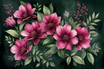 watercolor illustration featuring purple, pink, magenta, and red flowers with green leaves set against a dark green background. This botanical art concept highlights the vibrant beauty of nature