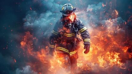 Fototapeta premium A firefighter is shown in a burning building with smoke and fire. Concept of danger and urgency, as the firefighter is in the midst of a potentially life-threatening situation