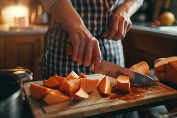 A woman cuts sweet potatoes on a wooden board in her home kitchen closeup