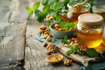 Fototapeta premium Honey in jar with wooden background.