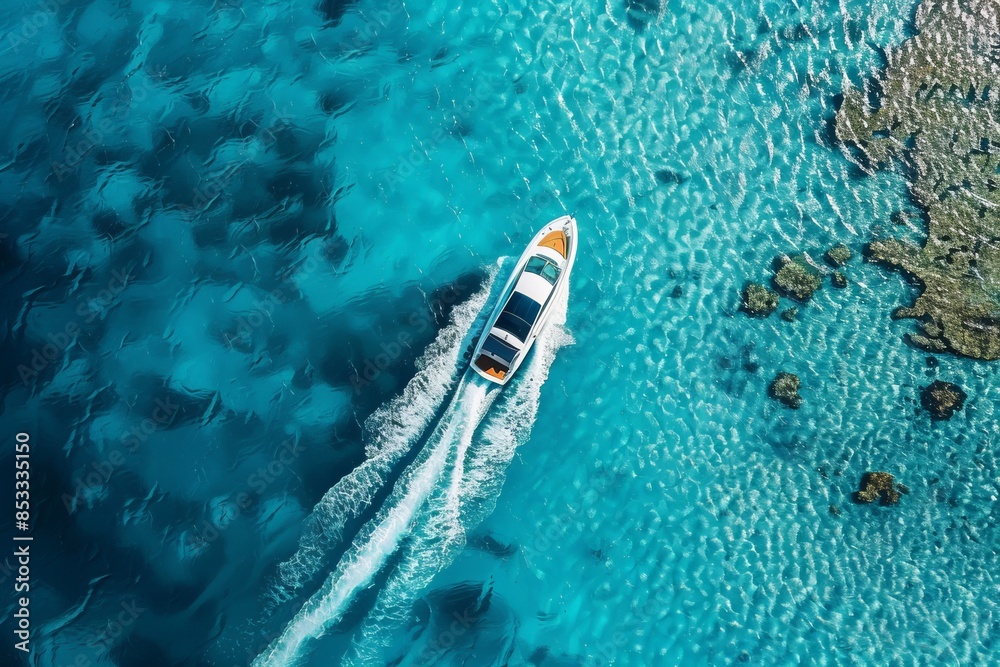 Canvas Prints Aerial drone view of the speed boat in clear blue sea in summer 