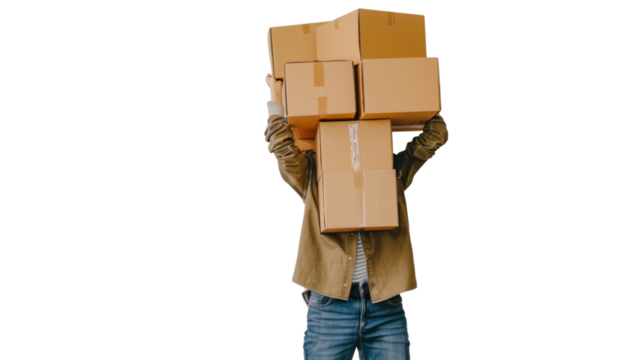Person carrying a big stack of cardboard boxes on white background