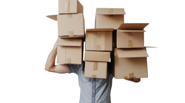 Person carrying a big stack of cardboard boxes on white background