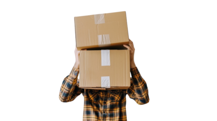 Person carrying a big stack of cardboard boxes on white background