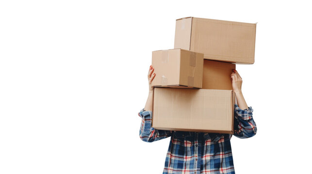 Person carrying a big stack of cardboard boxes on white background