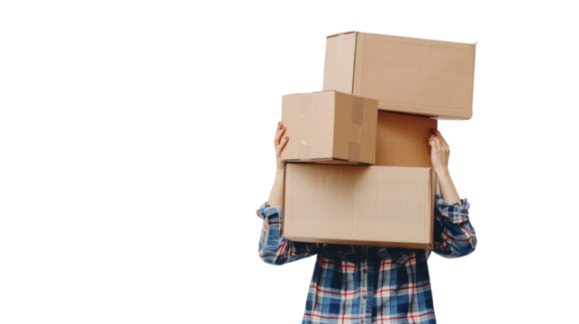 Person carrying a big stack of cardboard boxes on white background - Powered by Adobe