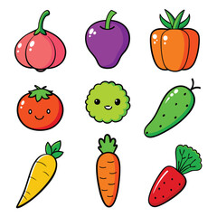 Vector fruits and vegetables icon set isolated on white background. Vector illustration.
