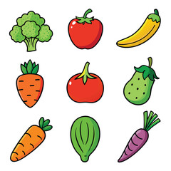 Vector fruits and vegetables icon set isolated on white background. Vector illustration.