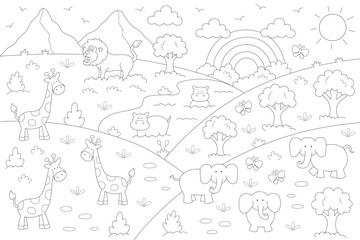 animals coloring poster for kids, zoo garden and rainbow to color. print it in sizes up to 24x36 inches or smaller in a 2:3 ratio, such as 20x30, 18x27, 16x24, 12x18, 10x15, 8x12