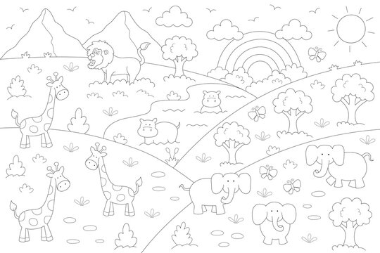 animals coloring poster for kids, zoo garden and rainbow to color. print it in sizes up to 24x36 inches or smaller in a 2:3 ratio, such as 20x30, 18x27, 16x24, 12x18, 10x15, 8x12