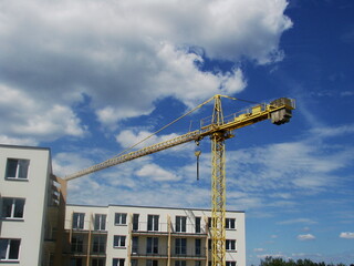 Dźwig budowlany przenoszący materiały budowlane na budowie © tomo81