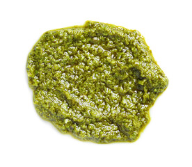Sample of tasty pesto sauce isolated on white, top view