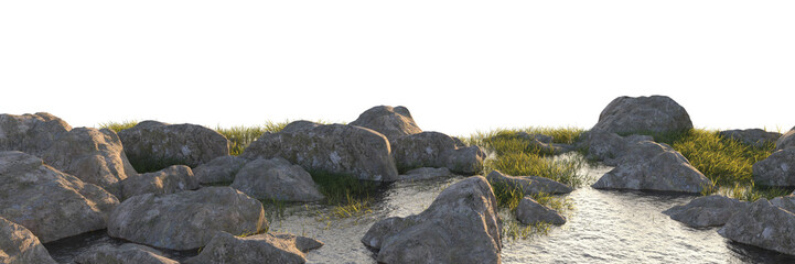 grass field small plant and stones around pond