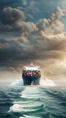 cargo ship with stacks of containers, traveling in the middle of the beautiful ocean