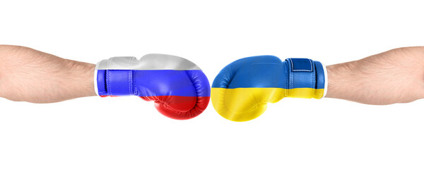 Political conflict. Men in boxing gloves with flags of Russia and Ukraine fighting on white...