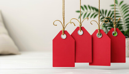 Four red tags hanging from a string