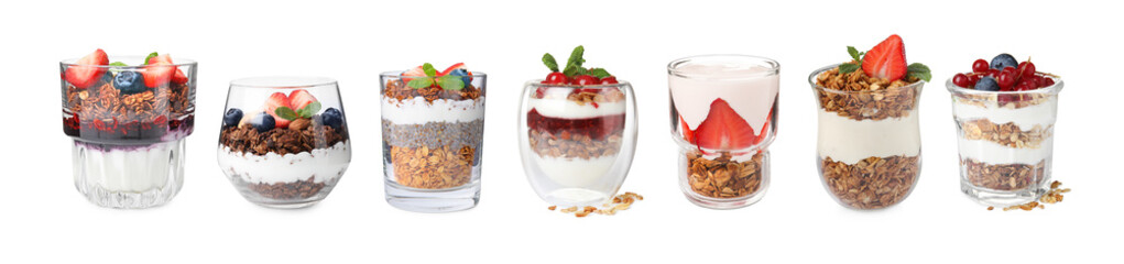 Delicious granola with yogurt and berries isolated on white, set