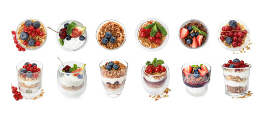 Set of delicious granola with yogurt and berries isolated on white, top and side views