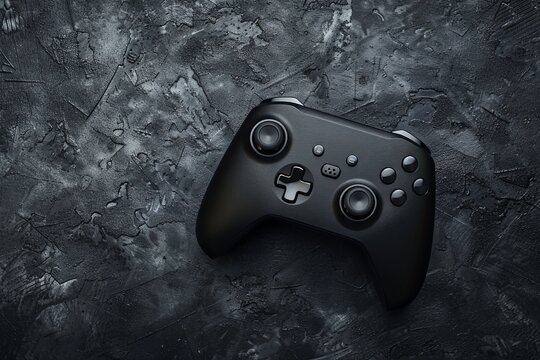 Black gamepad on a textured black background and copy space in flat lay view  - Powered by Adobe