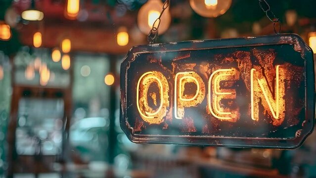 Open sign in a shop window. Image with copy-space. Generative Ai.